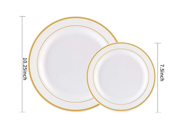 High Quality durable Disposable Plastic Plates with Gold Rim Silverware Everyday Commercial Use-for Restaurants Hotels