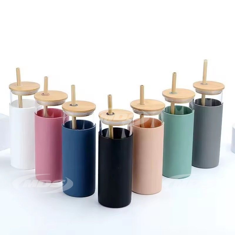 Glass Tumbler Glass Water Bottle Straw Silicone Protective Sleeve Bamboo Lid