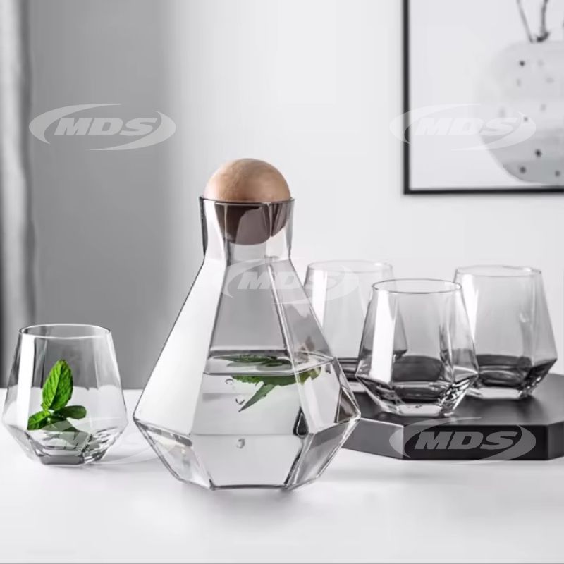 Geometrical Pitcher with 4 Cups Glass Set High Temperature Resistant Tea Pot Glass Bottle for Hot/clod Water