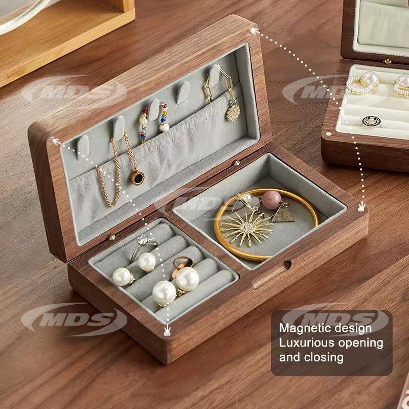 Black Walnut Wooden Jewelry Storage Box Rings Earrings Bracelets Engraved Logo Custom Wood Jewelry Box