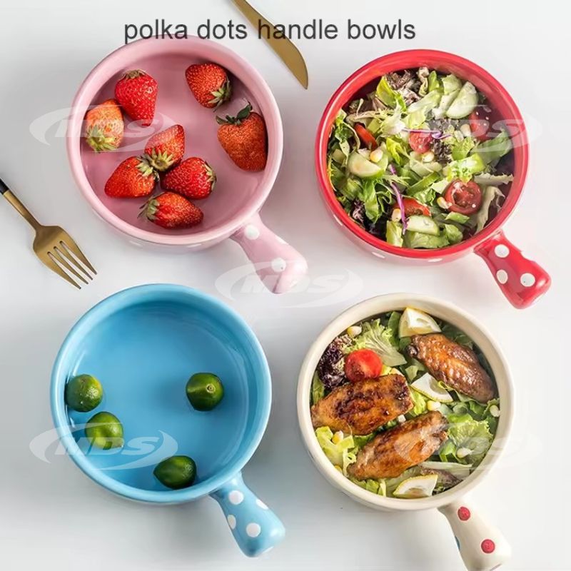 Creative Polka Dots Ceramic Oatmeal Dessert Noodle Bowl Single Handle Ceramic Baked Bowl