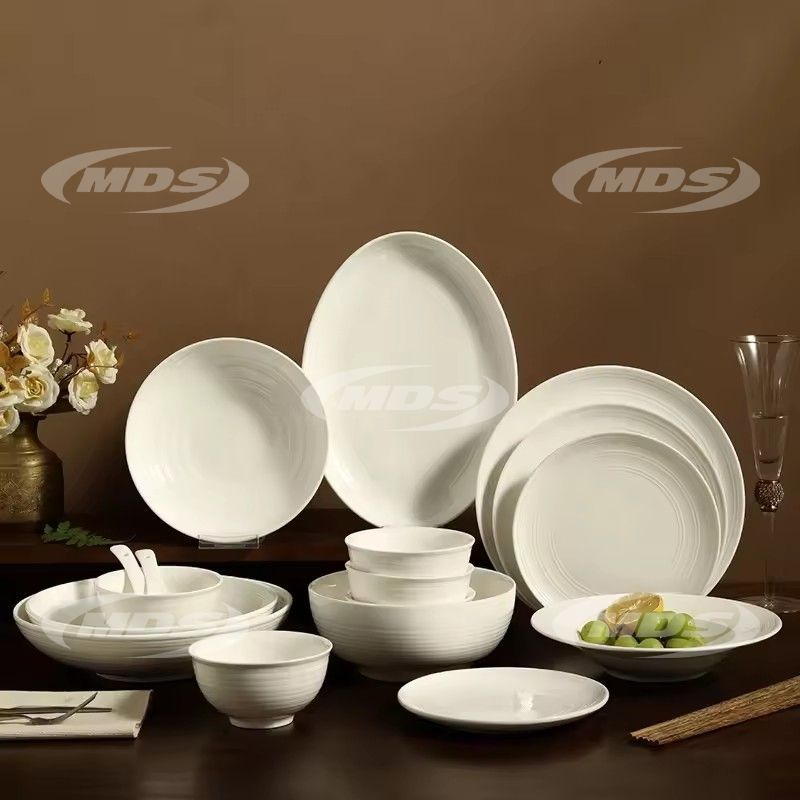 Custom Logo Printed Porcelain Dinner Plates Set 46 Pieces Porcelain Tableware Wholesale White Embossed Ceramic Dinnerware