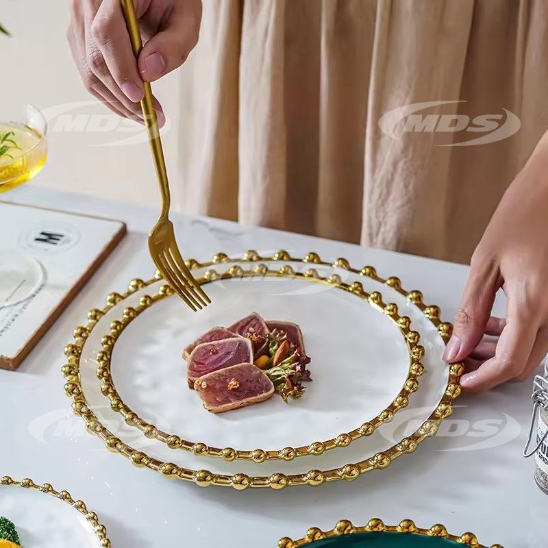 Custom Logo Party Wedding Green White Ceramic Steak Dinner Plate Gold Rim Beaded Charger Plate