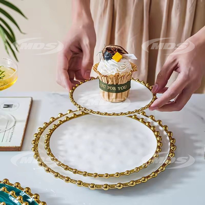 Custom Logo Party Wedding Green White Ceramic Steak Dinner Plate Gold Rim Beaded Charger Plate