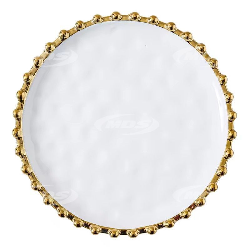 Custom Logo Party Wedding Green White Ceramic Steak Dinner Plate Gold Rim Beaded Charger Plate