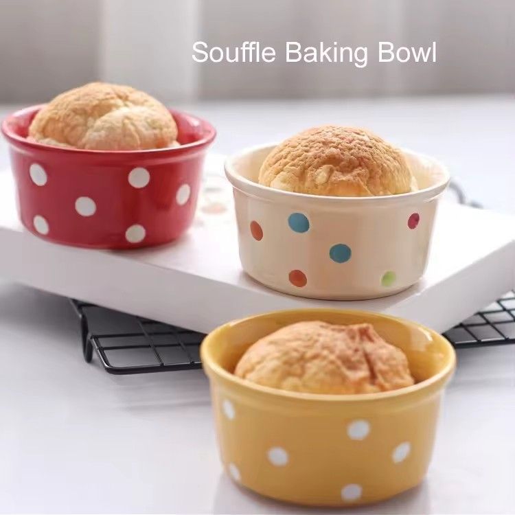 Custom ceramic bakeware souffle dish polka dots ceramic ramekin baked souffle bowl