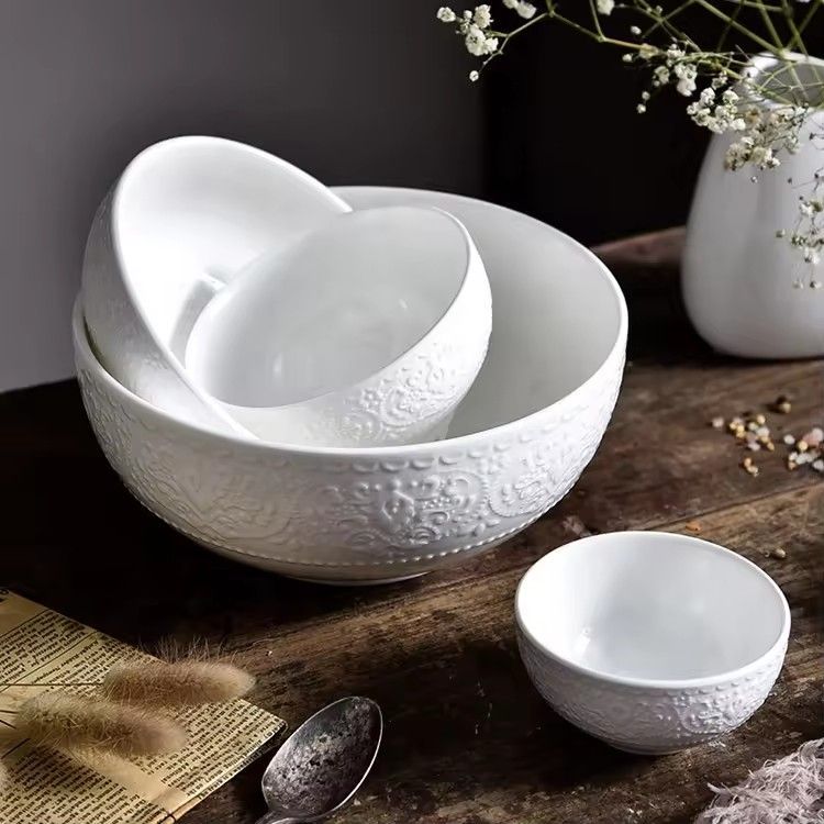 Home tableware porcelain rice salad soup deep serving bowl embossed pattern ceramic white bowls