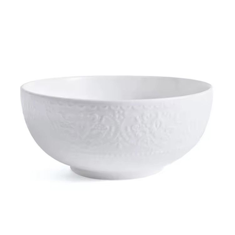 Home tableware porcelain rice salad soup deep serving bowl embossed pattern ceramic white bowls