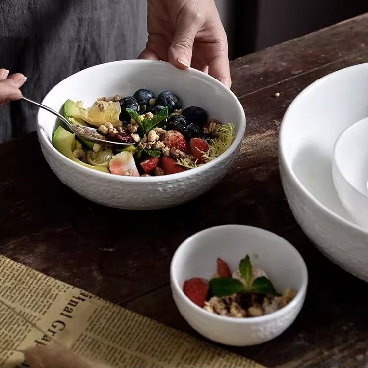 Home tableware porcelain rice salad soup deep serving bowl embossed pattern ceramic white bowls