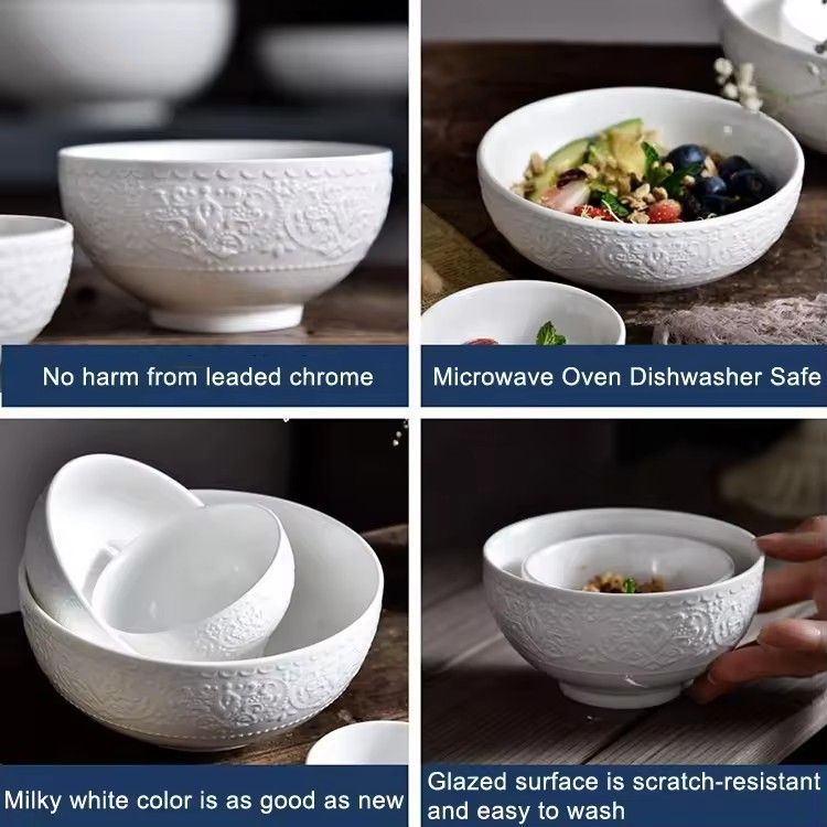 Home tableware porcelain rice salad soup deep serving bowl embossed pattern ceramic white bowls