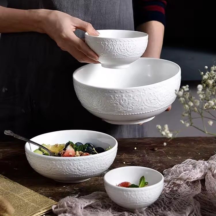 Home tableware porcelain rice salad soup deep serving bowl embossed pattern ceramic white bowls