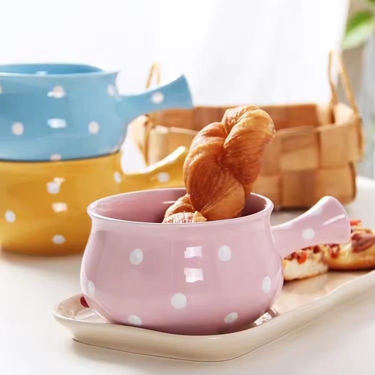 Nordic polka dots salad soup cereal bowl single handle ceramic bowl ceramic handle bowl