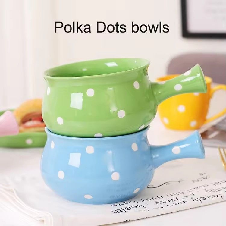 Nordic polka dots salad soup cereal bowl single handle ceramic bowl ceramic handle bowl