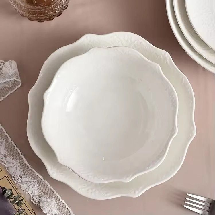 Nordic tableware deep serving dishes soup plates lace embossed ceramic deep bowls and plates