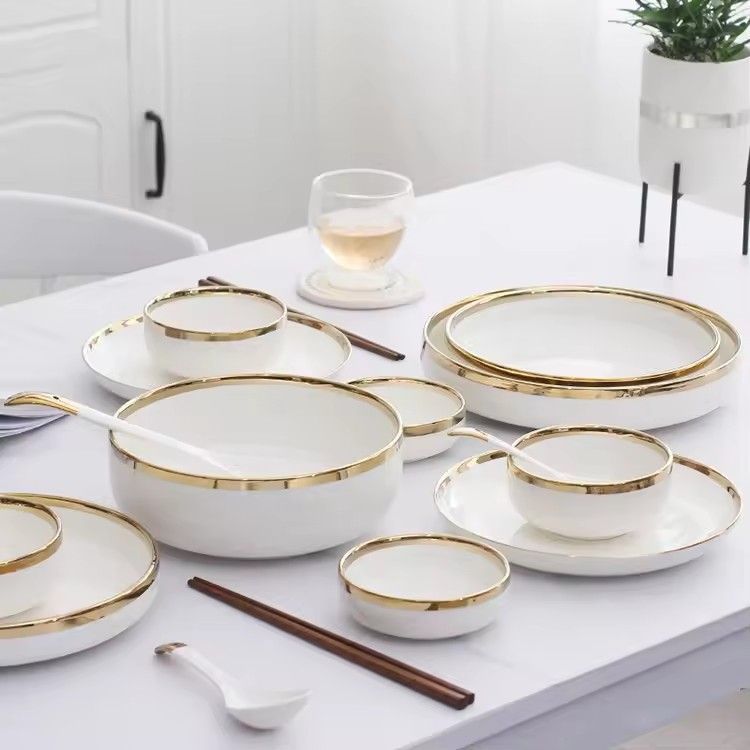 Simple style dinnerware set gold rim soup bowls ceramic white porcelain rice bowls