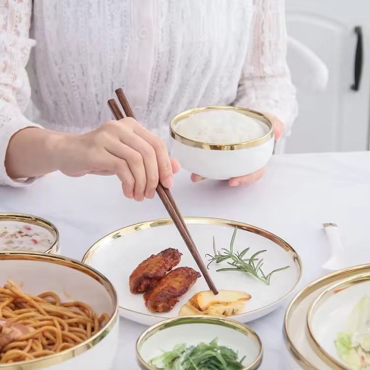 Simple style dinnerware set gold rim soup bowls ceramic white porcelain rice bowls