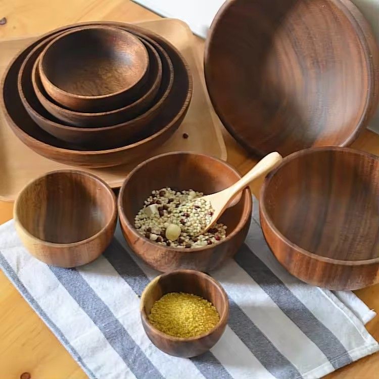 Thailand acacia wooden serving bowls flat bottom retro large natural acacia salad wood bowl