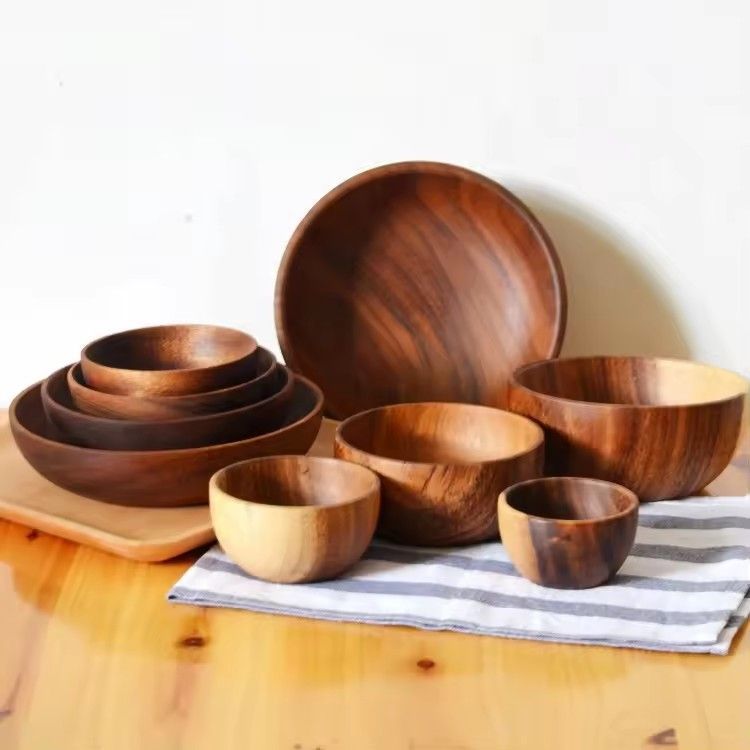 Thailand acacia wooden serving bowls flat bottom retro large natural acacia salad wood bowl