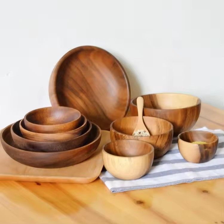 Thailand acacia wooden serving bowls flat bottom retro large natural acacia salad wood bowl