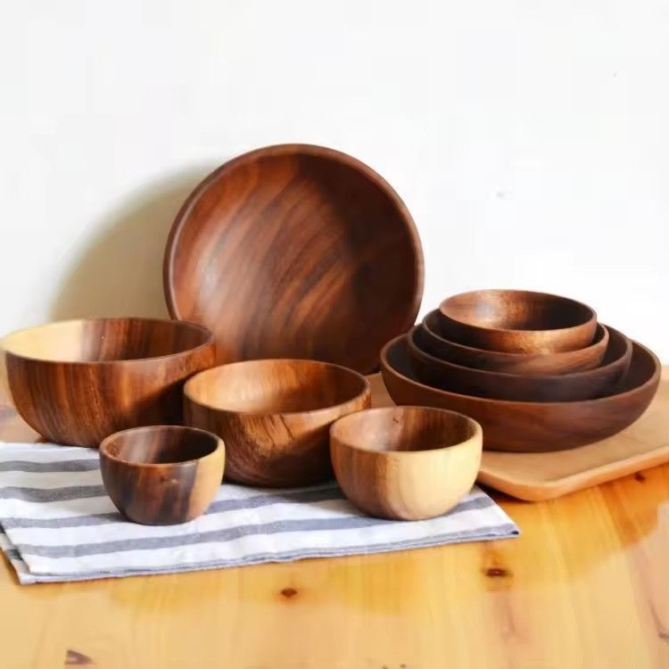 Thailand acacia wooden serving bowls flat bottom retro large natural acacia salad wood bowl