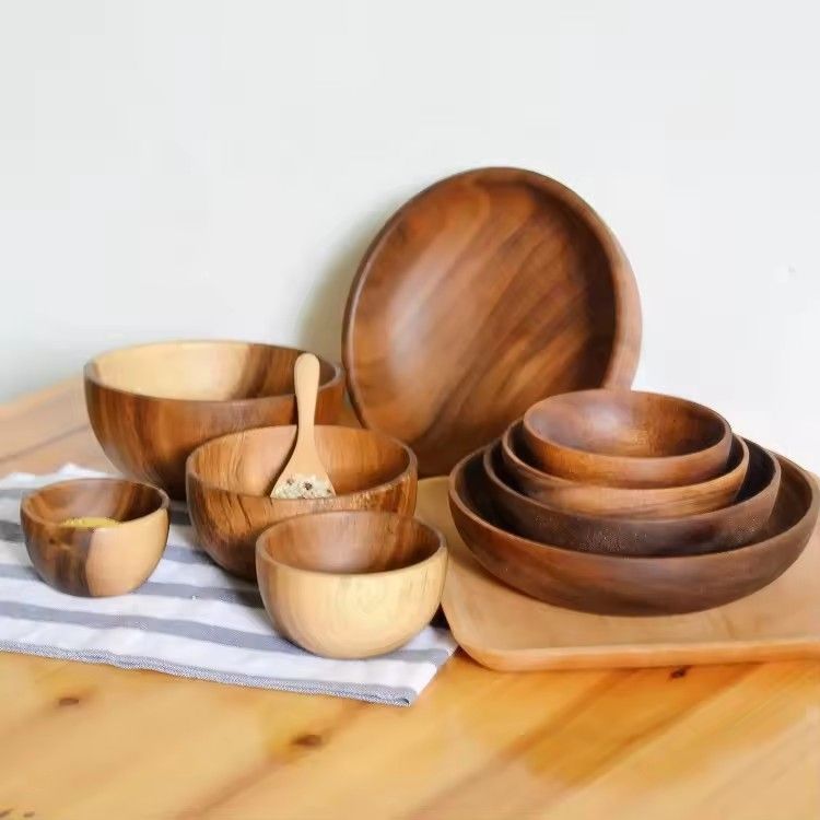 Thailand acacia wooden serving bowls flat bottom retro large natural acacia salad wood bowl