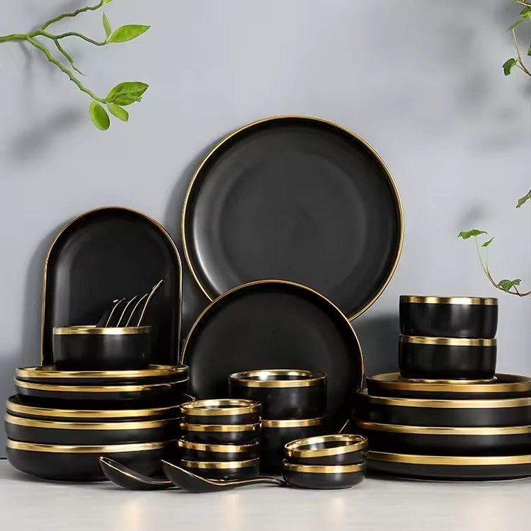 Best ceramic dinnerware for 9 18 26 pieces glaze dinner plates soup bowl porcelain dinner set with gold edge