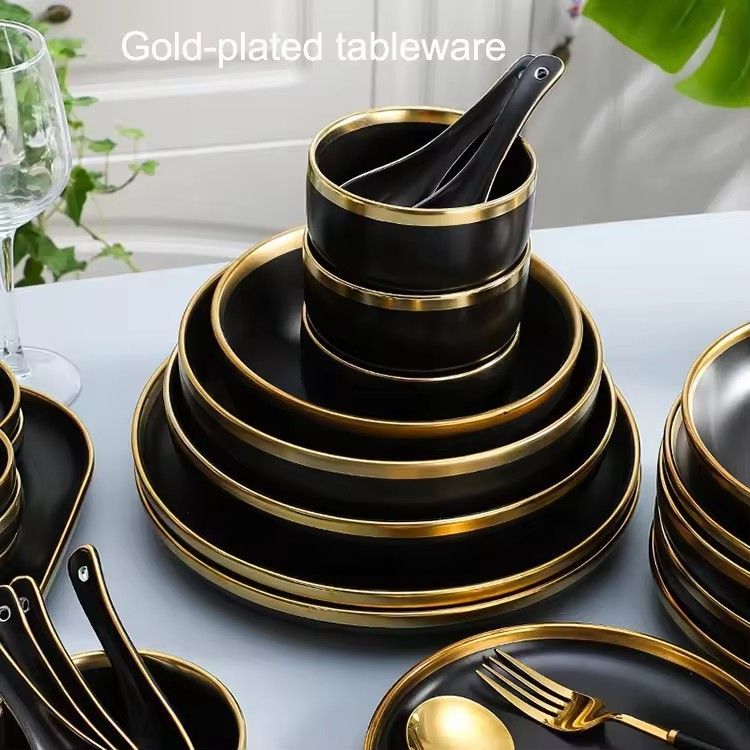 Best ceramic dinnerware for 9 18 26 pieces glaze dinner plates soup bowl porcelain dinner set with gold edge