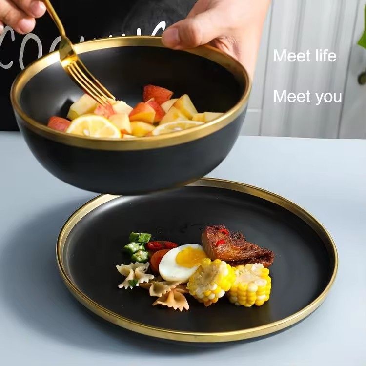 Best ceramic dinnerware for 9 18 26 pieces glaze dinner plates soup bowl porcelain dinner set with gold edge