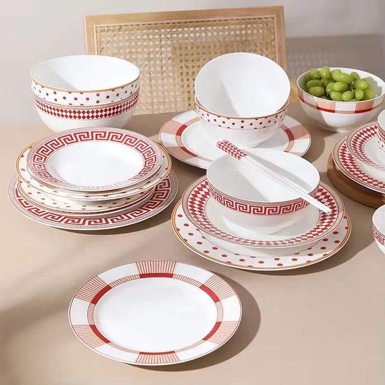 Ceramic dinner plates geometric tableware set red food plate set soup bowl plate and bowls set for restaura