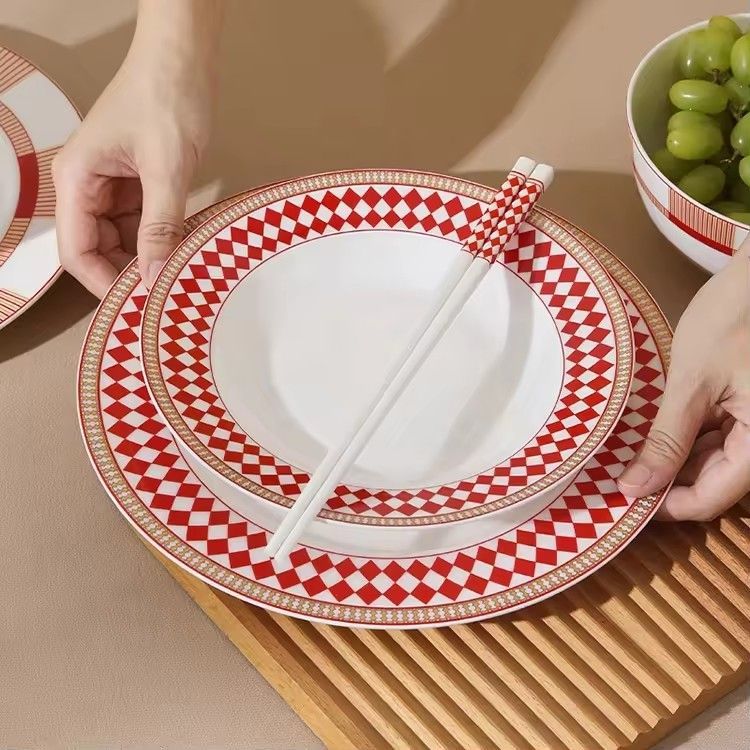 Ceramic dinner plates geometric tableware set red food plate set soup bowl plate and bowls set for restaura