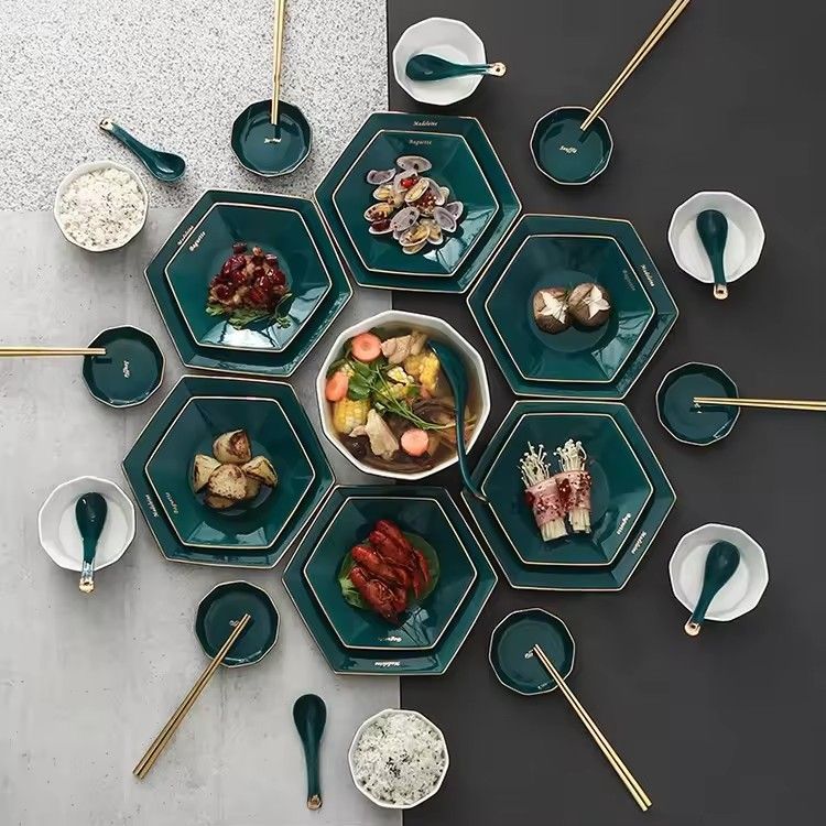 Custom green glaze hexagonal dinner plate set ceramic handmade ceramic tableware porcelain dinnerware sets