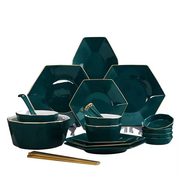 Custom green glaze hexagonal dinner plate set ceramic handmade ceramic tableware porcelain dinnerware sets