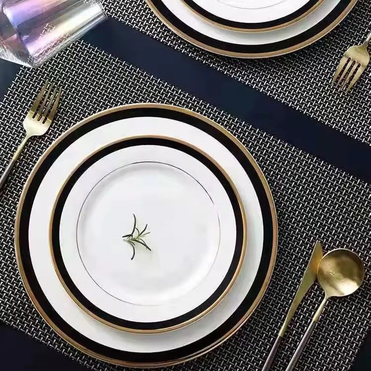 Custom logo bone china dinner plates set dinnerware luxury wedding ceramic charger plate with gold rim