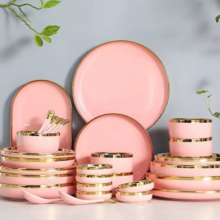 Custom restaurant hotel fine pink dinner plate bowl sets china ceramic porcelain dinnerware tableware sets