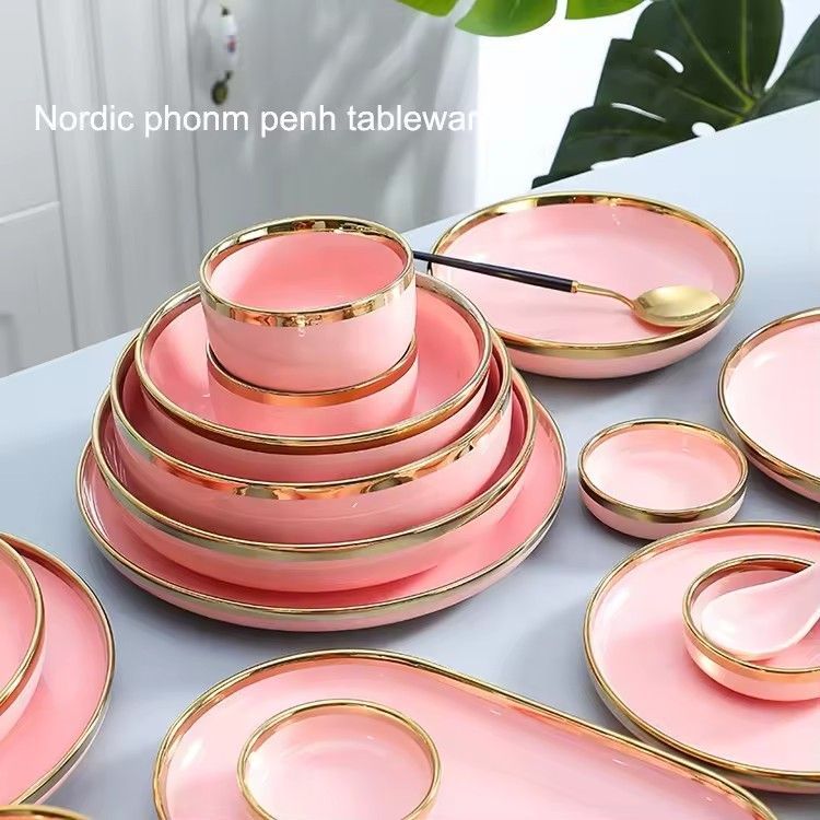 Custom restaurant hotel fine pink dinner plate bowl sets china ceramic porcelain dinnerware tableware sets