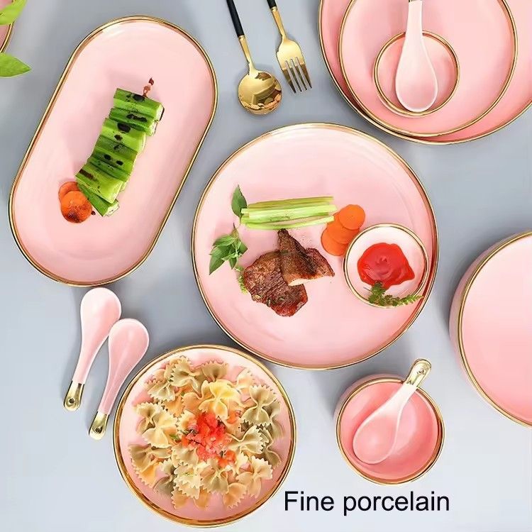 Custom restaurant hotel fine pink dinner plate bowl sets china ceramic porcelain dinnerware tableware sets