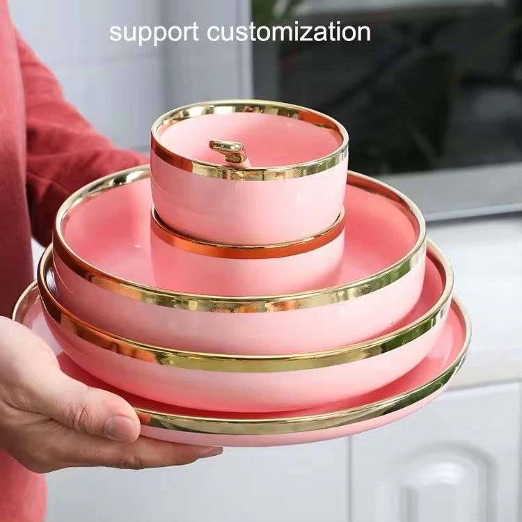 Custom restaurant hotel fine pink dinner plate bowl sets china ceramic porcelain dinnerware tableware sets