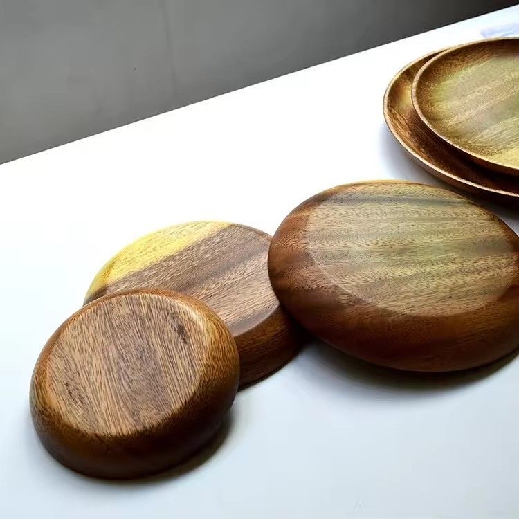 Different size wood food serving dinner plate dishes acacia round tray wooden plates