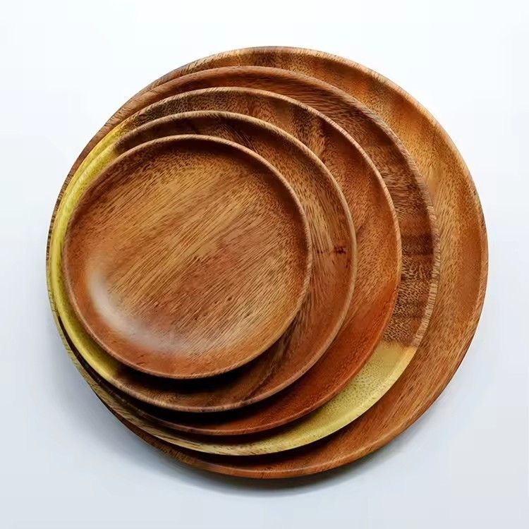 Different size wood food serving dinner plate dishes acacia round tray wooden plates