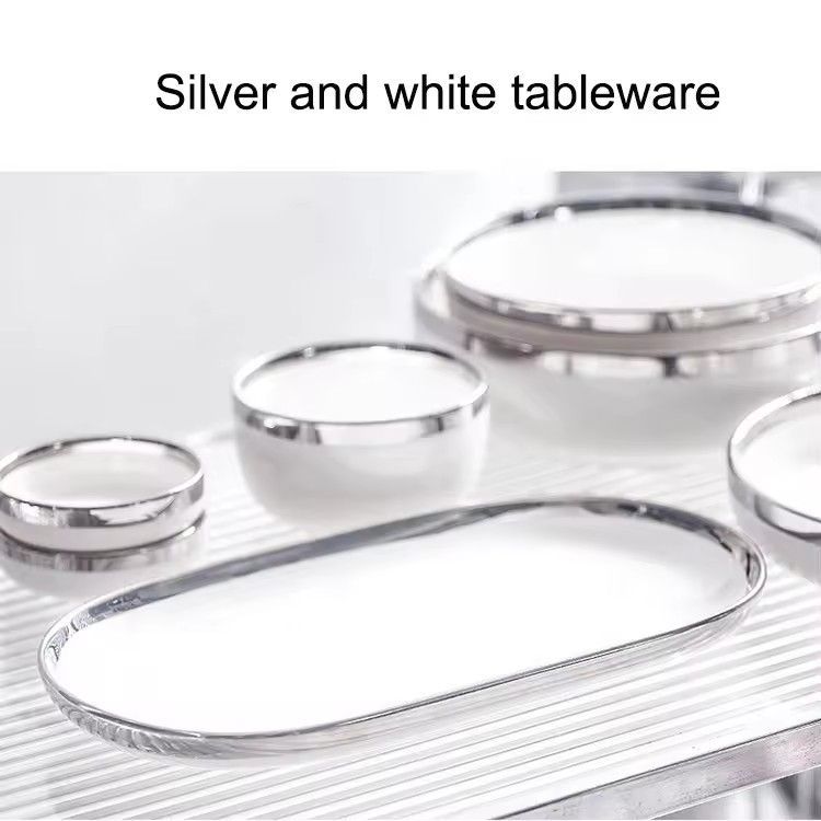 Dinner plates ceramic set luxury home restaurant supplies white silver rim dinnerware set plate