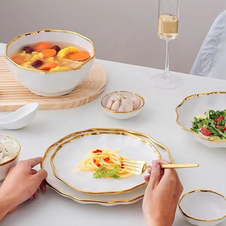 Dishes & plates bowls set nordic dinnerware white and golden rim design hotel ceramic dinner plates sets