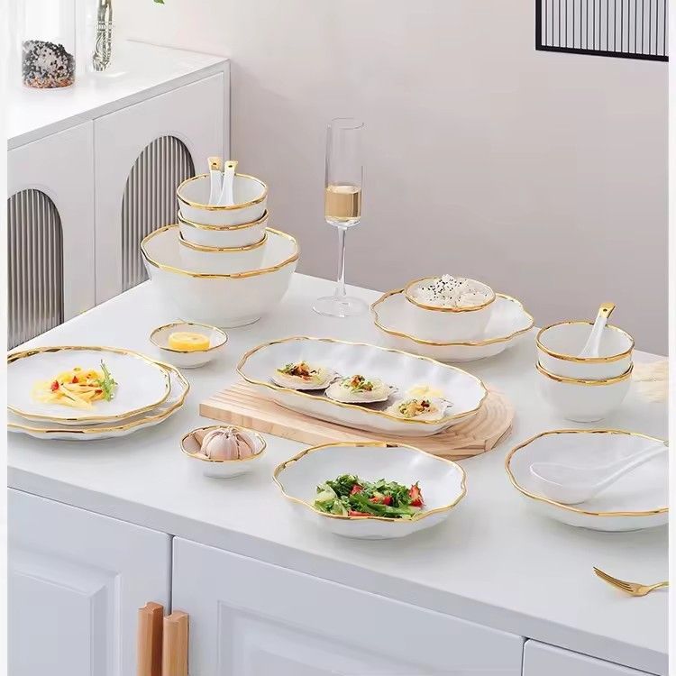 Dishes & plates bowls set nordic dinnerware white and golden rim design hotel ceramic dinner plates sets