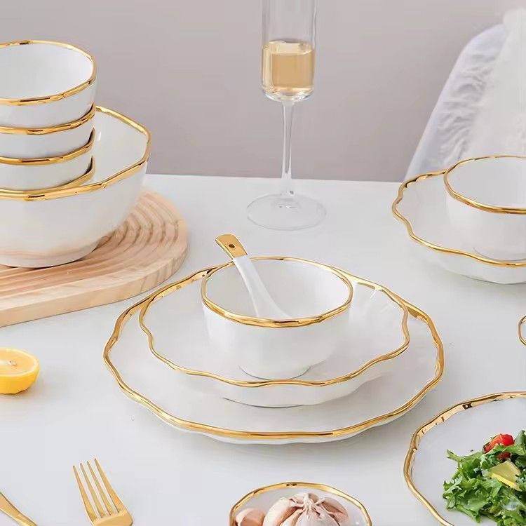 Dishes & plates bowls set nordic dinnerware white and golden rim design hotel ceramic dinner plates sets