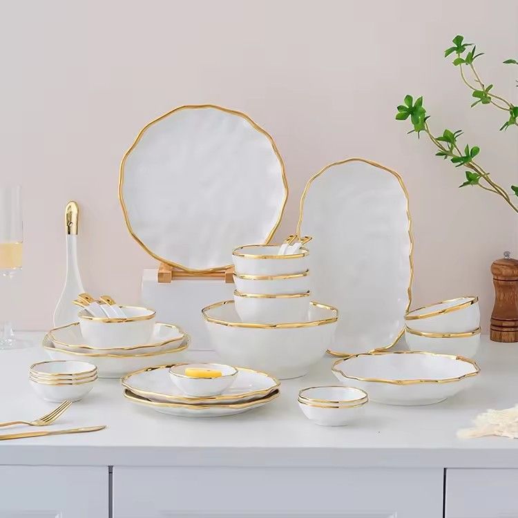 Dishes & plates bowls set nordic dinnerware white and golden rim design hotel ceramic dinner plates sets