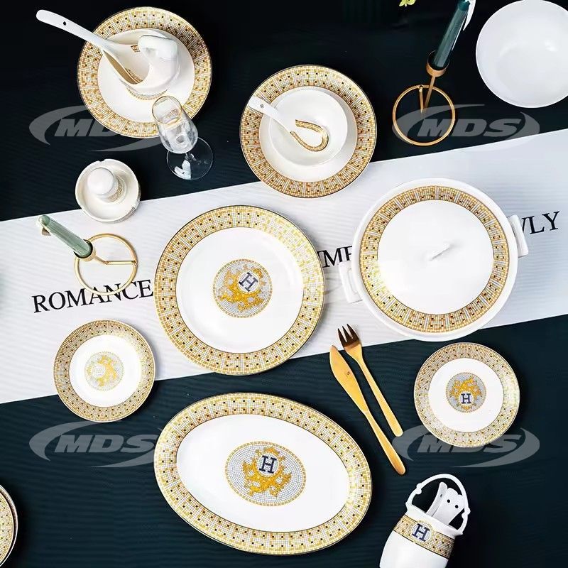 European tableware embossed ceramic bowls plates set wholesale luxury home gifts 60 pieces bone chin