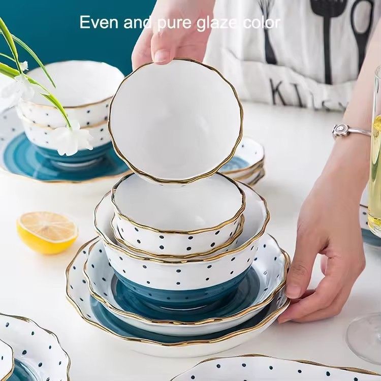 Gold rim reinforced porcelain dinner set polka dots hand-painted ceramic luxury dinnerware set