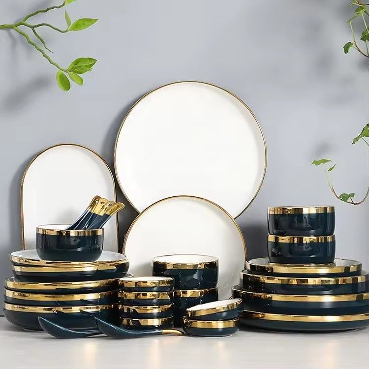 Light luxury navy blue everyday ceramic plates bowls dishes set french best 6pcs porcelain dinnerware sets