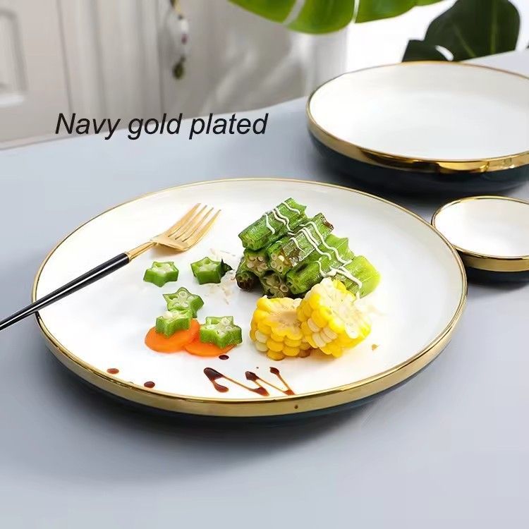 Light luxury navy blue everyday ceramic plates bowls dishes set french best 6pcs porcelain dinnerware sets