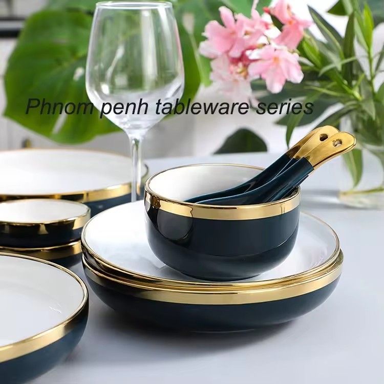 Light luxury navy blue everyday ceramic plates bowls dishes set french best 6pcs porcelain dinnerware sets