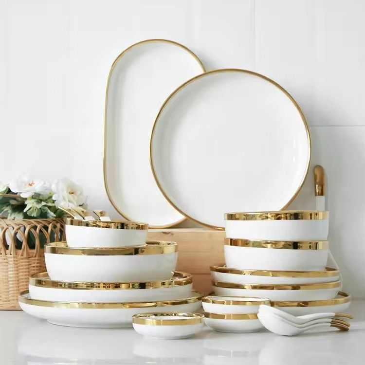 Nordic gold rim best ceramic dishes & plates pearl white porcelain vs ceramic dinnerware sets for dinner